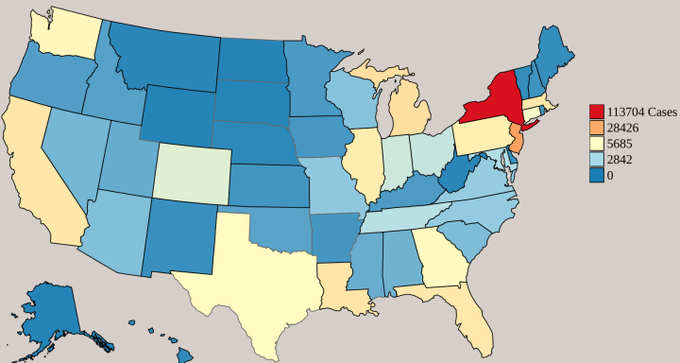 USA Map of Wuhan-virus Spread, Raw numbers
